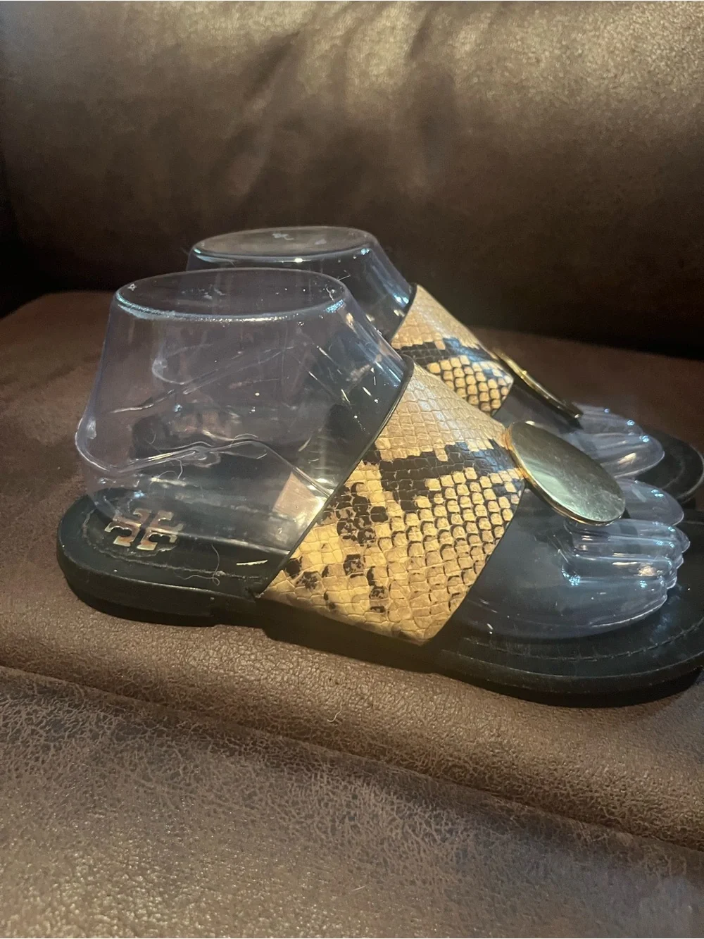 Tory Burch Black & Tan Snake-Print Slide Mules with Gold Disc